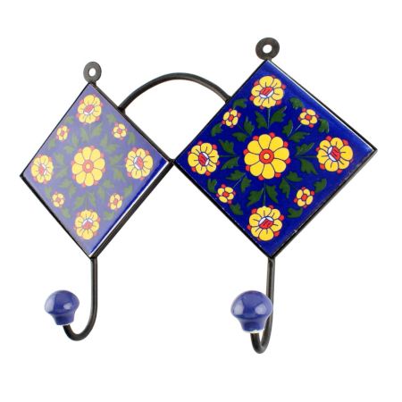 Navy Blue And Yellow Flower Ceramic Tiles Hook